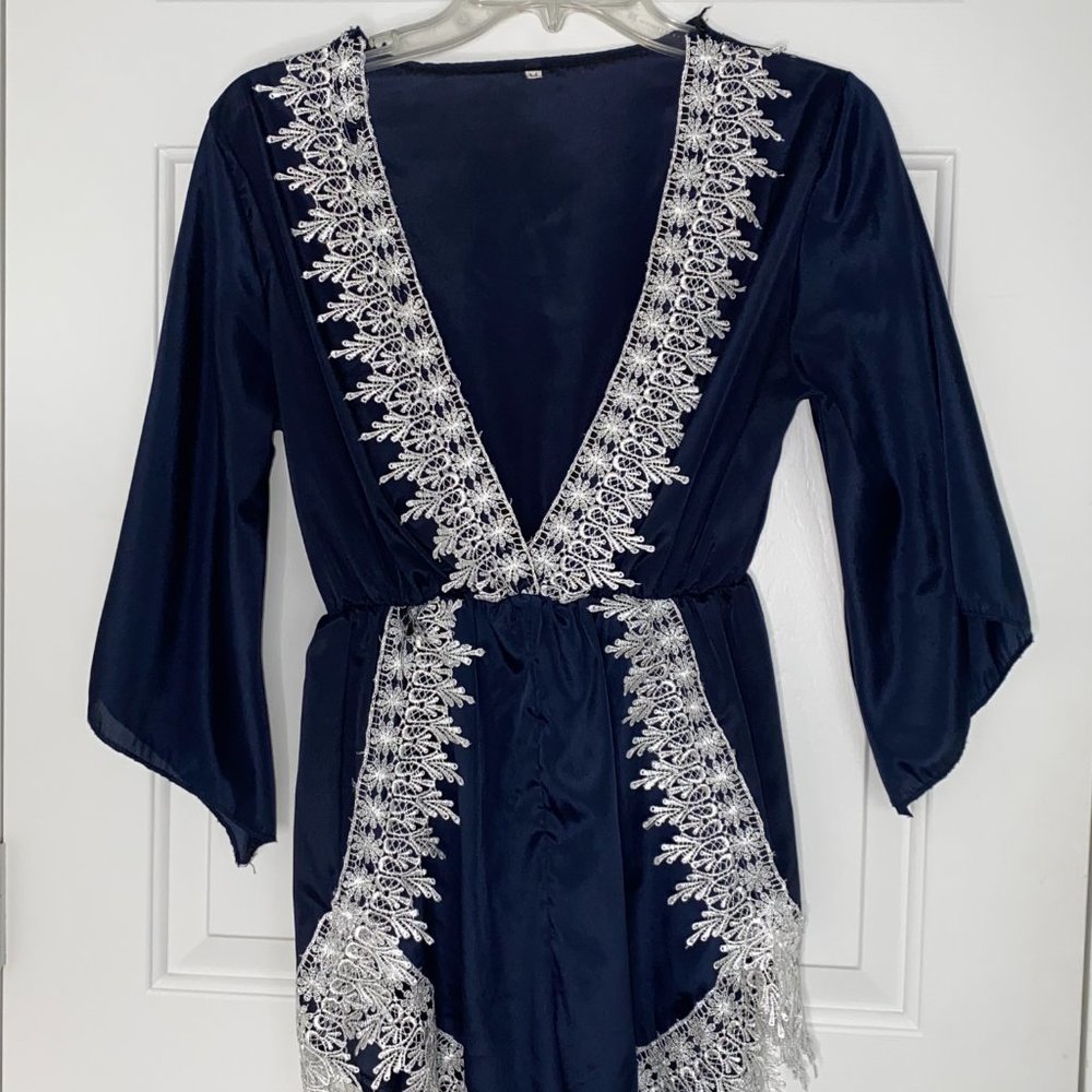 Midnight Blue & White Lace  Plunge Romper